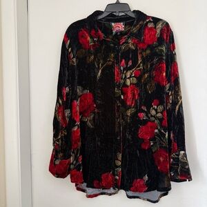 Johnny Was Rose Print Velvet Button Front Shirt relaxed XL black red